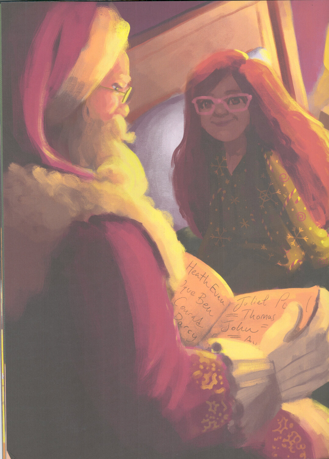 CHECKING HIS LIST: An illustration from Evans’ book done by Rhode Island School of Design alumnus Elisha Gillette showing Santa checking and his list.